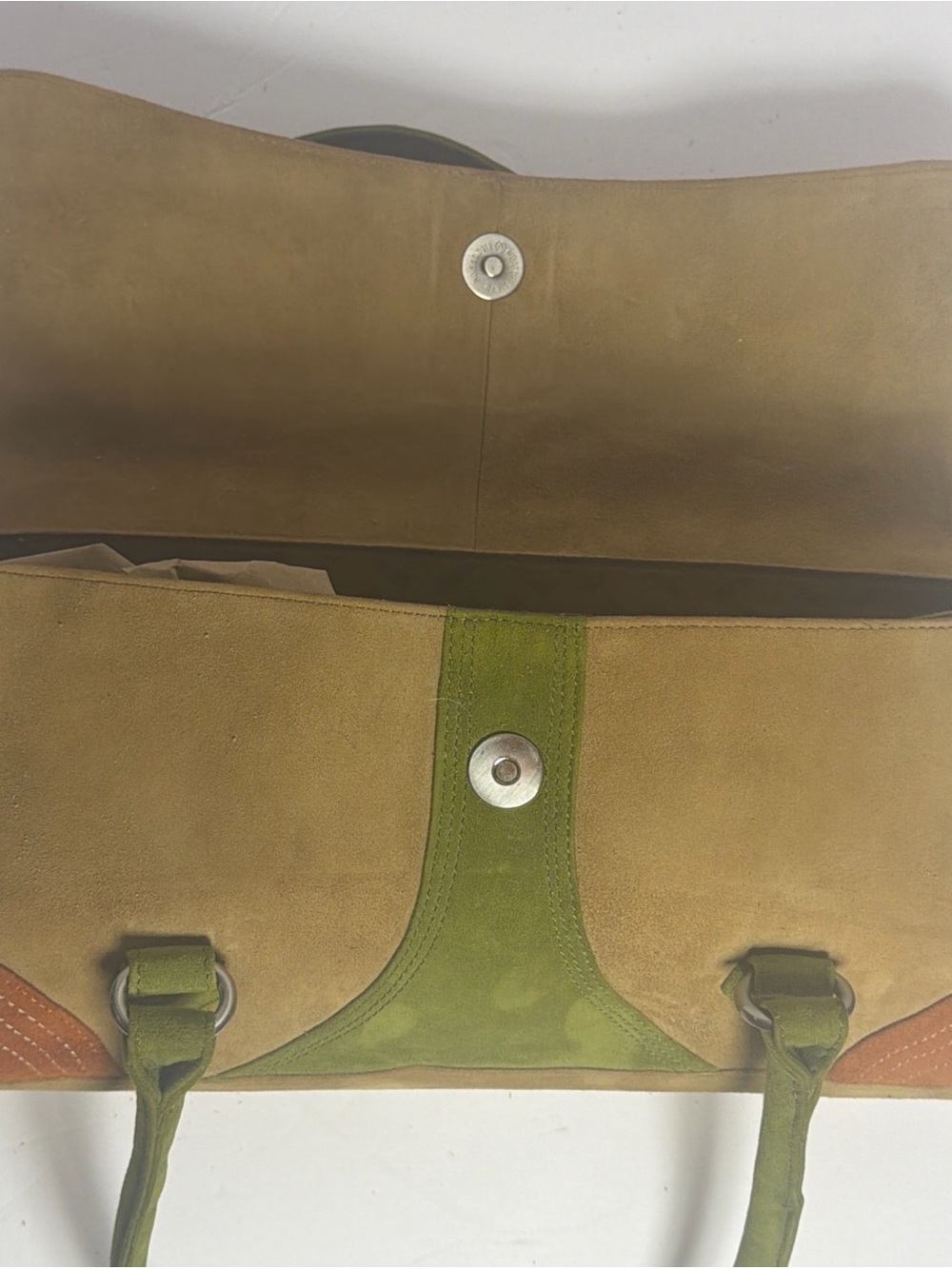Vintage Y2K Via Spiga Tan Green & Burnt Orange Goat Suede Shoulder Purse - Picture 8 of 16